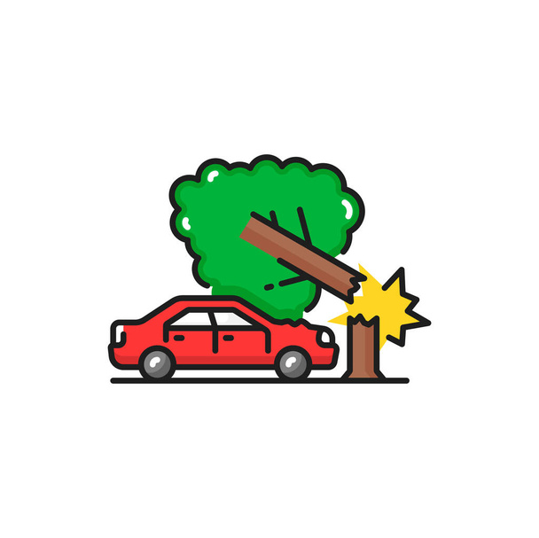 Car bump into tree, broken automobile isolated car trash line icon. Accident or accidental damage. Dangerous collision, boom into tree on vehicle - ベクター画像
