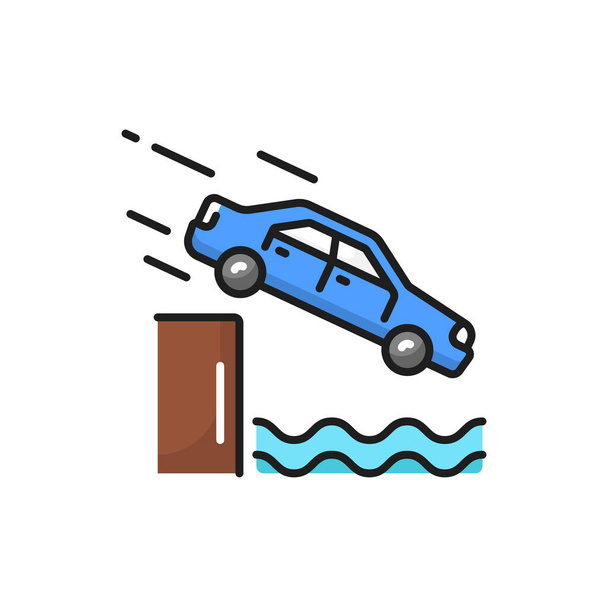 Unprotected quayside or riverbank, isolated car falling down the river, vector color line icon. Accident automobile falling from slope into water - Wektor, obraz