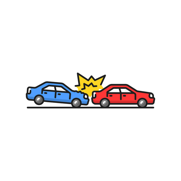 Hitting vehicle from behind vector accident in congested traffic, isolated color line icon. Rear-end collision, two damaged or crashed cars - Vector, afbeelding