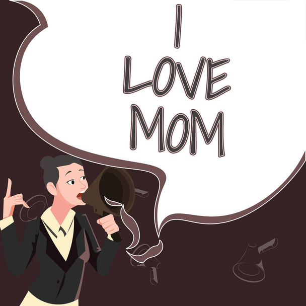 El yazısıyla "Annemi seviyorum", annemin mutluluğu sevmesi hakkında iyi hisler üzerine yazılmış sözler dairesel ve kare düşünce baloncukları sosyal medya mesajları gösteriyor.. - Fotoğraf, Görsel