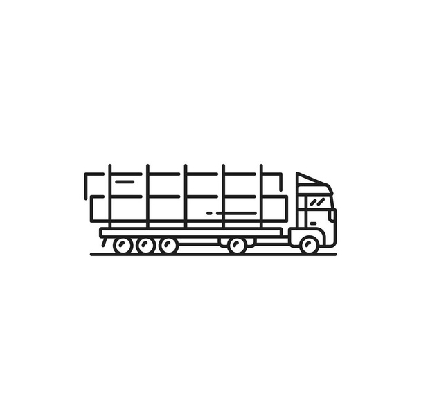 Trailer truck long vehicle isolated outline icon. Vector car transports steel pipes, pipeline transportation machine, pipe transporting truck thin line symbol. Gas and oil industry transport - Wektor, obraz