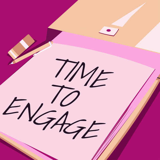 Szöveg megjelenítése Time To Engage, Business showcase Megfelelő pillanat arra, hogy kompromisszumos eljegyzést kössünk valakivel, aki egy betétet tart egy digitális szimbólumon egy hexagon mintában.. - Fotó, kép