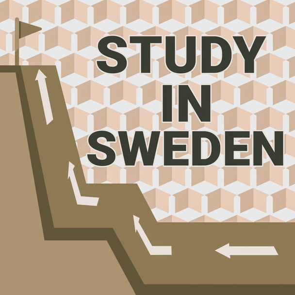 Conceptual λεζάντα Μελέτη στη Σουηδία, Έννοια σημαίνει Ταξίδι στην Ευρωπαϊκή χώρα για εκπαιδευτικούς σκοπούς Επιχειρηματίας Παρουσιάζοντας Πάνω Χέρι Και Εμφάνιση Σημαντικά Μηνύματα. - Φωτογραφία, εικόνα