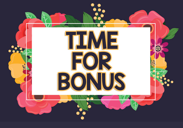 Szöveg jel mutatja Time For Bonus, Fogalmi fotó egy összeget hozzá egy személy s a bérek, mint a jutalom Üzletember öltöny tartó tabletta szimbolizálja a sikeres csapatmunka. - Fotó, kép