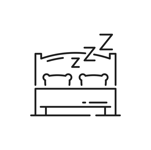 Double bed isolated sleep sign outline icon. Vector sleeping shelter, hotel or motel symbol. Bedroom or room for sleep with two pillows and blanket, insomnia disorder, sleepless and zzz symbol - Vector, afbeelding