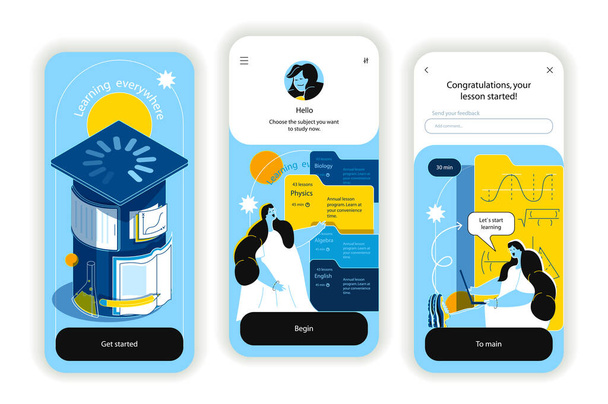 Online education concept onboarding screens. Gaining knowledge for educational platform with video lectures. UI, UX, GUI user interface kit with flat people scene. Vector illustration for web design - Wektor, obraz