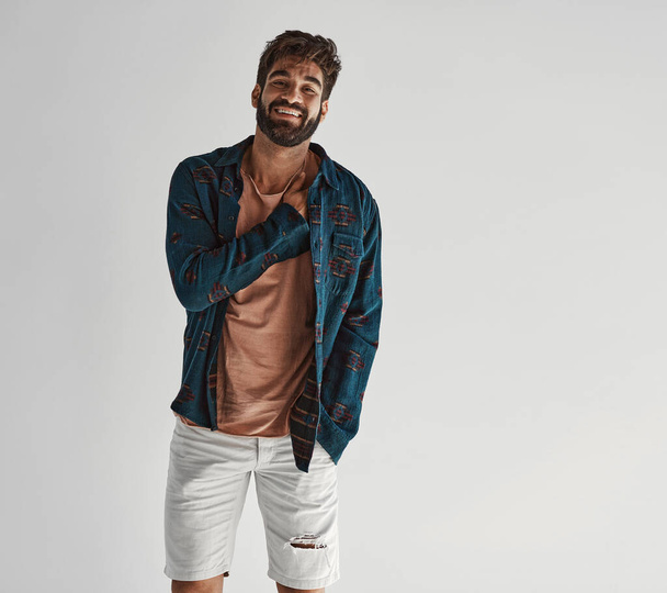 Portrait of a handsome man wear flannel shirt isolated on white  - Foto, Imagem