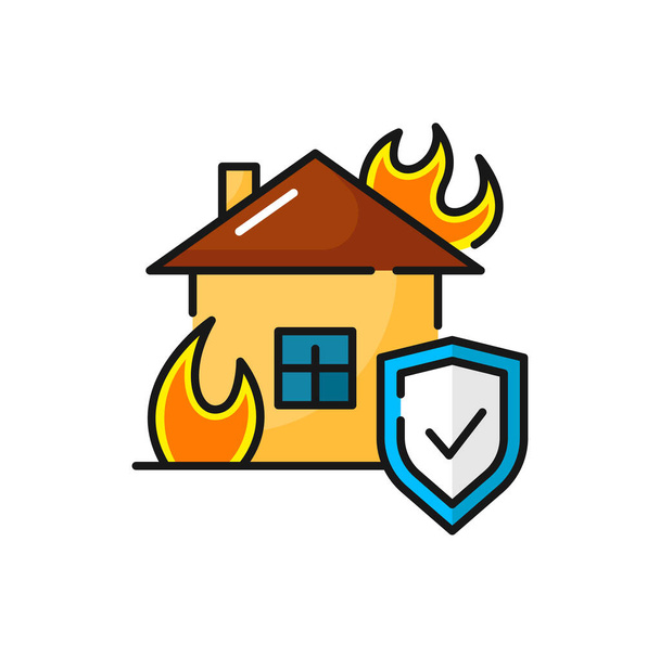 Burning house isolated property insurance against fire color outline icon. Vector arson of home, safety protection shield sign, fire flame disaster - Vektor, obrázek