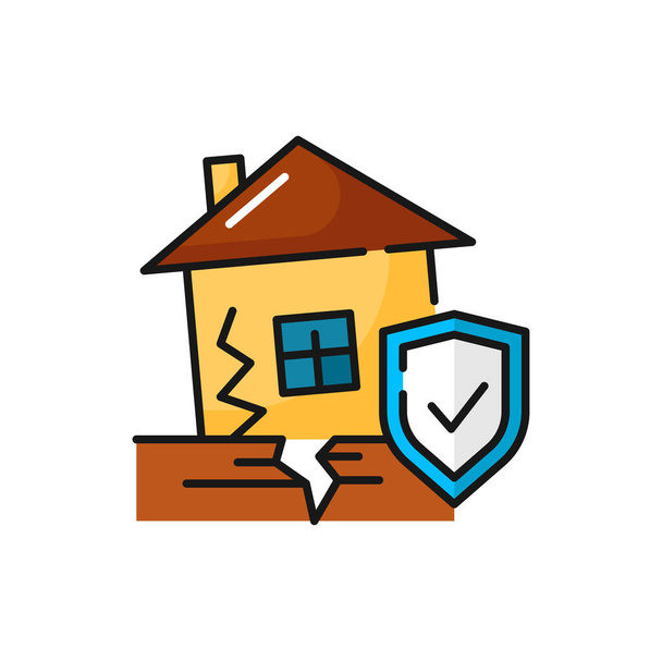 Insurance on house being damaged by earthquake isolated color outline icon. Natural disaster insurance scene, vector home foundation failure - Wektor, obraz