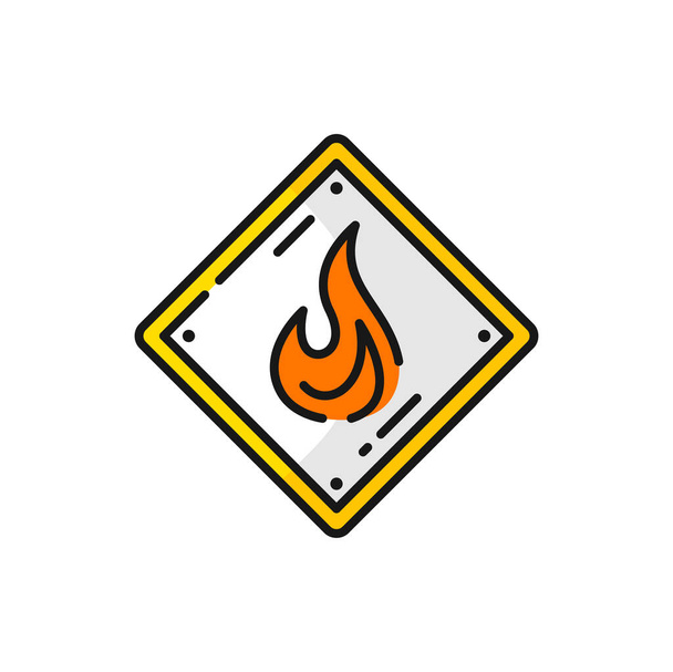 Fire flame precaution safety emergency label isolated outline icon. Fire flame danger metal label, vector caution alarm hazard warning flammable sign - Vektör, Görsel