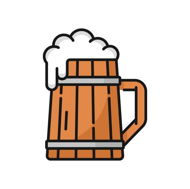 Wooden mug of beer, German Oktoberfest alcohol drink color outline icon. Vector cider beverage with foam. Light or dark ale in lager, brewery product - Vektori, kuva