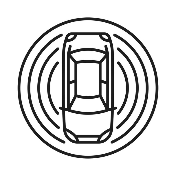 Self driving car and driverless vehicle icon, autonomous digital transport vector line pictogram. Driverless car self drive ride with adas sensors, automated smart road traffic technology of future - Vektör, Görsel