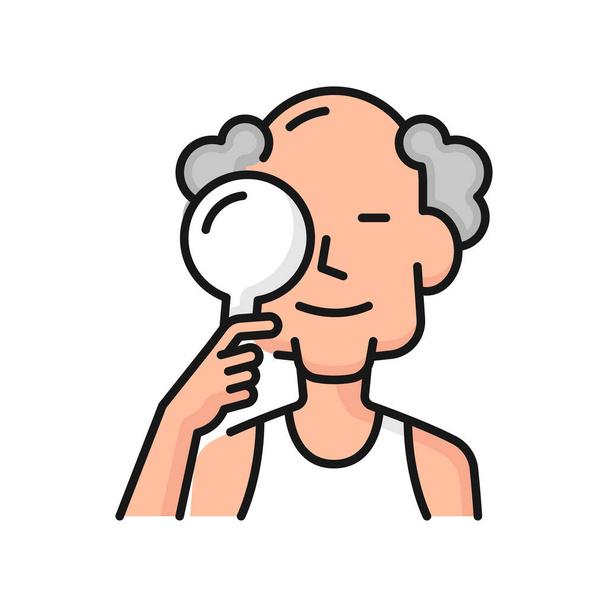 Eye examination, vision eyesight check or visual check up in senior age, vector icon. Ophthalmology or optometry eye examination of old man with closed eye for optical glasses on myopia or hyperopia - Vecteur, image