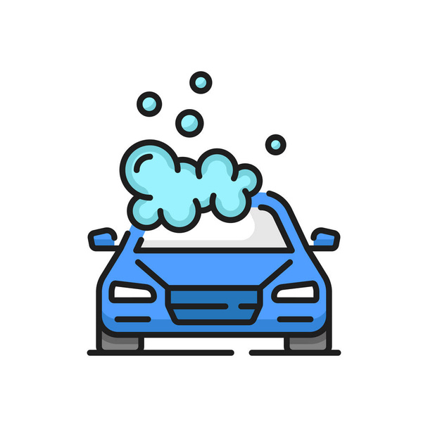 Car wash icon, auto clean service and care vector pictogram of soap and water bubbles. Car hand wash service or automatic cleaner and waxing polish or washer station, line sign - Vecteur, image