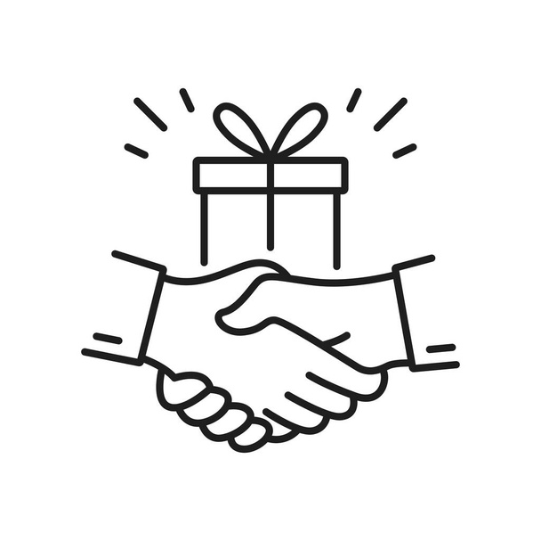 People making money from referral, shake hands and bonus gift box outline icon. Vector partners share info about affiliate program - Vecteur, image