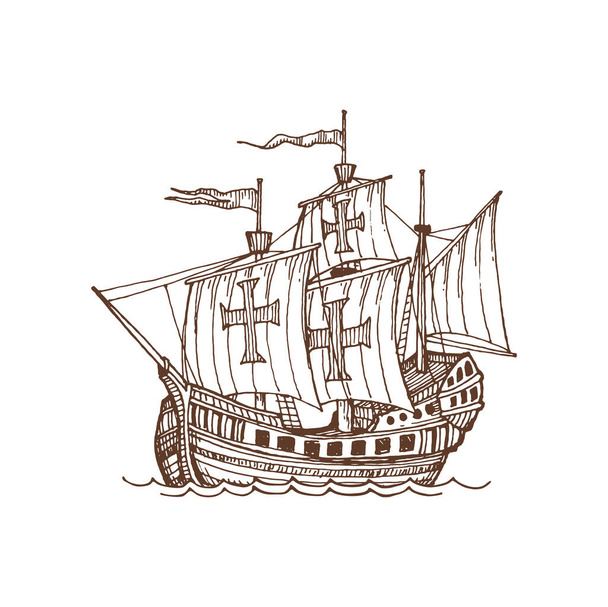 Sailboat with canvas isolated vintage sail ship sketch icon. Vector frigate brigantine, war boat in sea. Sailing nautical or seafarer old vessel - Vektor, Bild
