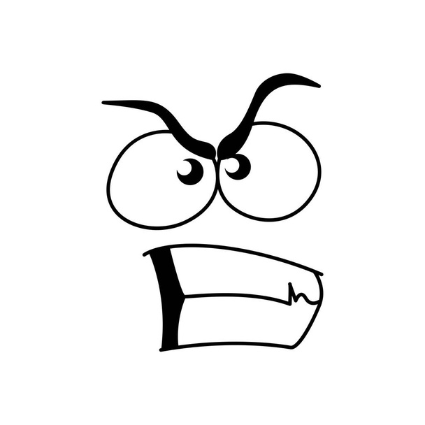 Smile face emoticon, disgruntled comic smiley with annoyed grumbling mouth and angry brows. Vector isolated cartoon line emoji - Wektor, obraz