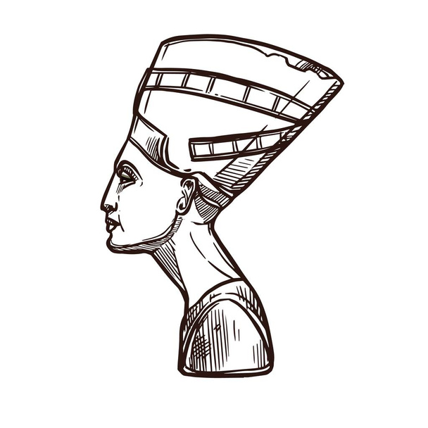 Nefertiti sketch, Ancient Egypt pharaoh queen, vector icon. Ancient Egypt history and Cairo culture, wife of pharaoh king Akhenaten, Neferneferuaten Nefertiti monument - Vektör, Görsel