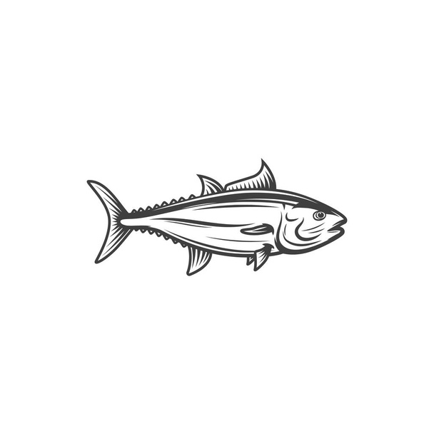 Tuna fish, fishing and food, ocean and marine fish vector icon. Tuna, bluefin skipjack or yellowfin bigeye fish symbol for fishery market catch or seafood menu - ベクター画像