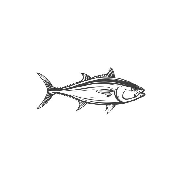 Tuna scombridae saltwater fish isolated hand bluefin monochrome icon. Vector bluefish mascot or trophy, mackerel fishing sport emblem. Aquatic animal, atlantic tuna, Pacific tunny with flounders - Vektori, kuva