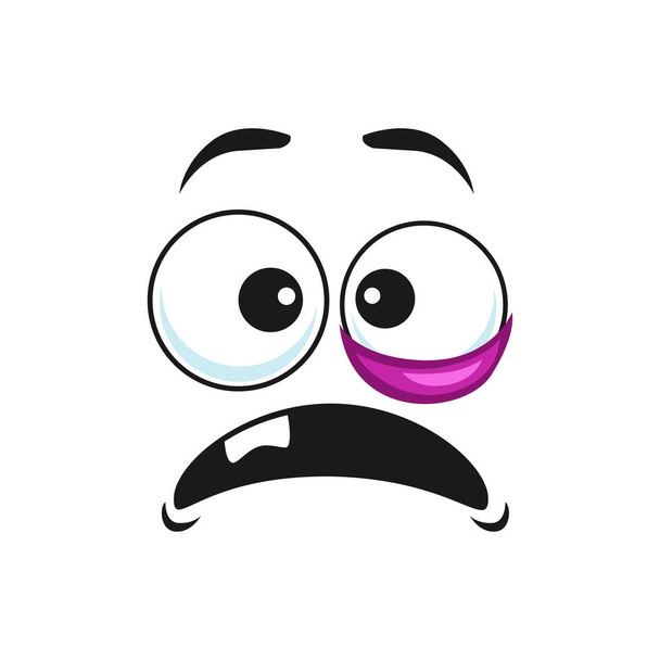 Cartoon funny face with goggle black eye, confused emoji, vector scared facial expression with open mouth with one tooth. Worry hooligan character negative feelings isolated on white background - Vettoriali, immagini