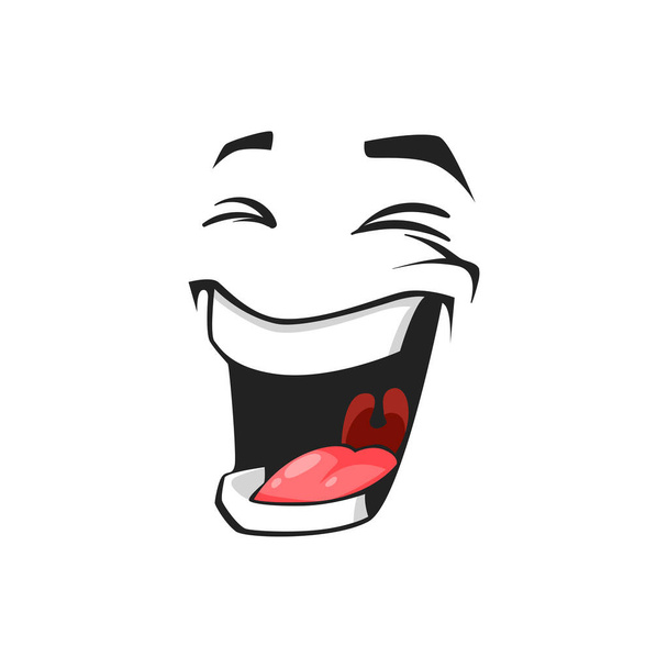 Cartoon faccia ridente, vettore emoji felice, espressione facciale con ampia risata bocca dentata e gli occhi chiusi. Sensazioni positive isolate su sfondo bianco - Vettoriali, immagini