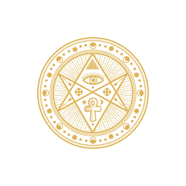 Tribal talisman, tarot sign with pyramid, eye and ankh, geometry circle with ancient Egypt ornaments isolated golden circle. Vector tarot talisman, ethnic mason or freemason symbol of fortune, coin - Διάνυσμα, εικόνα