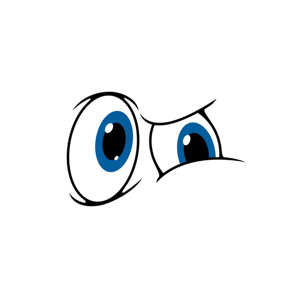 Cartoon smile face character, comic eyes icon, vector funny emotion. Eyes smile with suspicious facial expression, blue eyes emoticon with doubt squint or screw stare - Vector, Image
