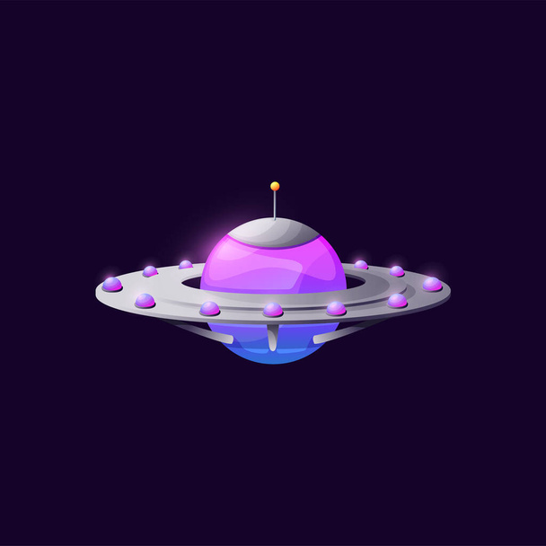 Unknown flying object isolated cartoon craft ufo animation game design element. Vector saucer sci fi spacecraft uinvader spaceship intergalactic flying extraterrestrial alien spaceship with dome, toy - Vektor, obrázek