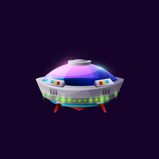 Spacecraft alien craft isolated ufo saucer ship game animation design flying glowing object icon. Vector cosmos galaxy invader satellite, spaceship extraterrestrial station, futuristic alien spaceship - Vektör, Görsel