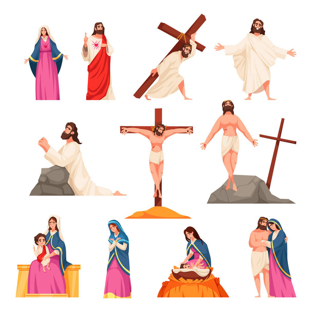 Holy bible new testament cartoon icons set with Jesus Christ and Virgin Mary isolated vector illustration - Vektor, kép