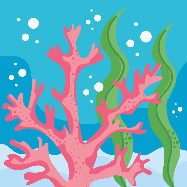 pink coral and algaes green scene - Vector, afbeelding