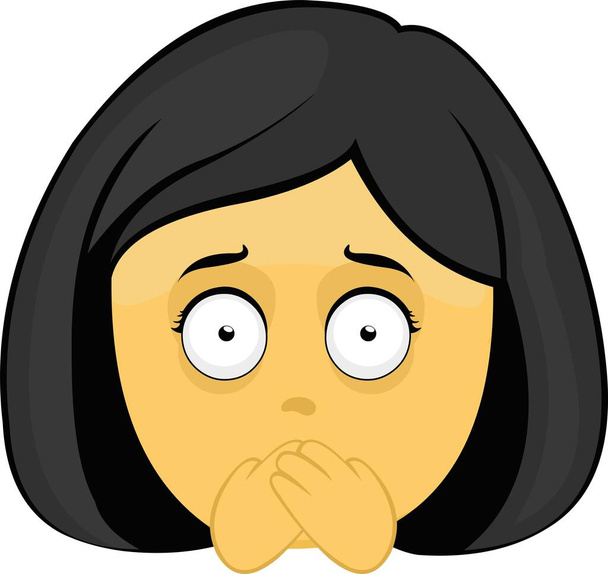Vektor illusztrációja emoji egy sárga rajzfilm nő arca eltakarja a száját a kezét - Vektor, kép