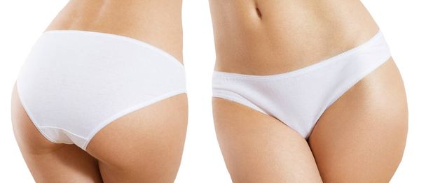 Women's panties on a woman's body. Panties set. female panties mockup isolated. - 写真・画像