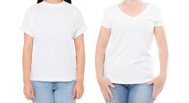Woman white t shirt mockup, set empty blank tshirt, girl in blank t-shirt copy space, White tshirt isolated on white background collage or set - Photo, Image