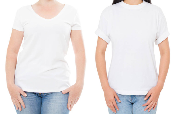 Woman white t shirt mockup, set empty blank tshirt, girl in blank t-shirt copy space, White tshirt isolated on white background collage or set - Foto, immagini