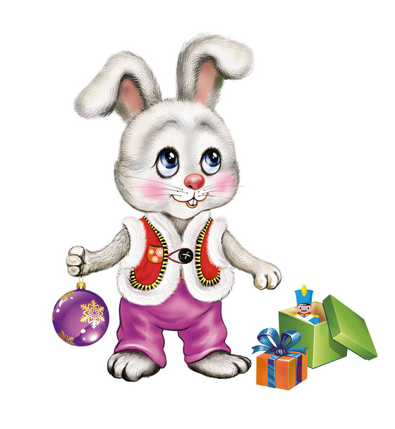 funny cartoon bunny with gifts and toys, hare symbol of 2023 according to the Chinese horoscope, Merry Christmas and Happy New Year greeting card, isolated image on a white background - Φωτογραφία, εικόνα