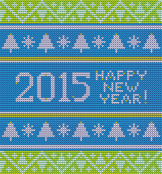 Bright Christmas knitted pattern with trees, snowflakes and inscription happy new year. - Vector, Image