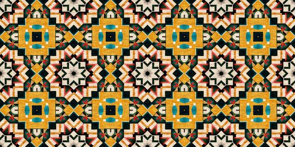 Традиційна плитка мозаїка безшовний бордюрний візерунок. Ефект тканини мексиканська обробка печворку дамаску. Квадратна форма симетричної фонової текстильної стрічки. Креативний барвистий банер графічного дизайну
 - Фото, зображення
