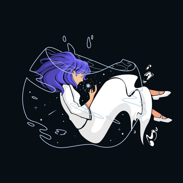 Vector illustration of girl drowning in water bubbles - Vetor, Imagem