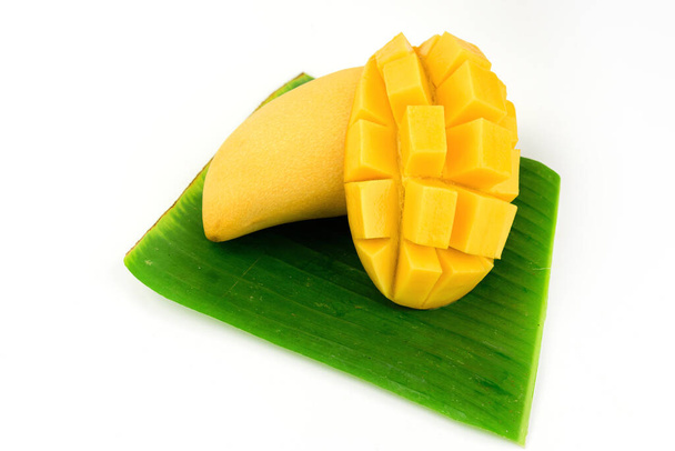 mango and sticky rice,Thai style tropical dessert on white background - Photo, image