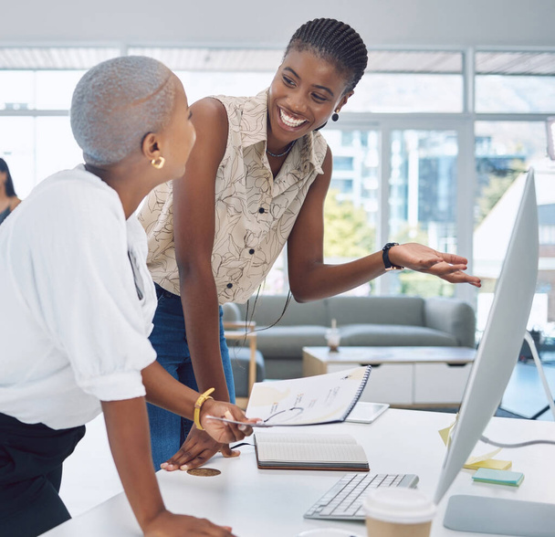 Black woman, desk collaboration and corporate company relationship at office with coworkers. African American worker people in business communication and talk for report proposal criteria - 写真・画像