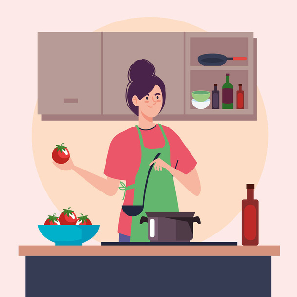 woman cooking with red tomatoes character - Wektor, obraz