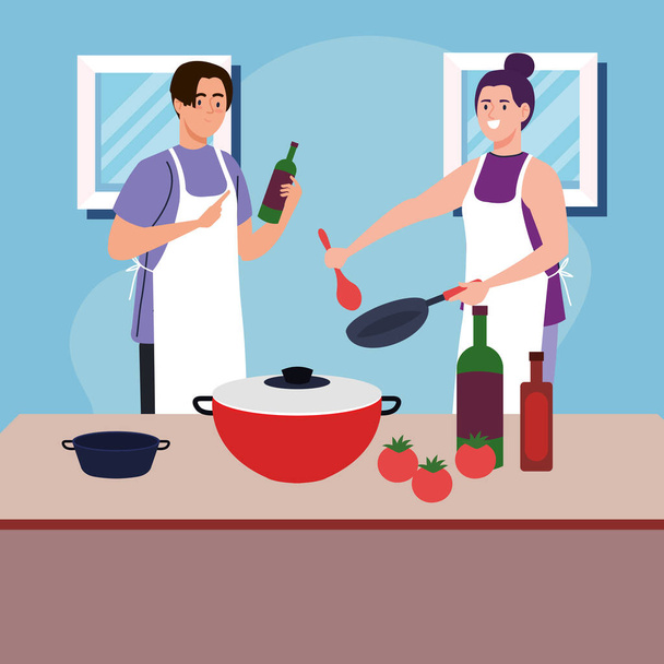 couple cooking with tomatoes characters - Vector, Image