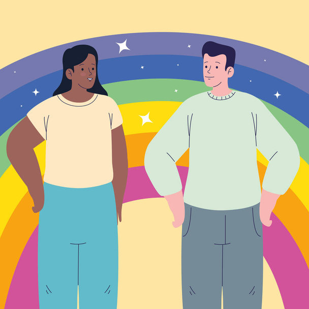 interracial couple with rainbow characters - Vector, imagen