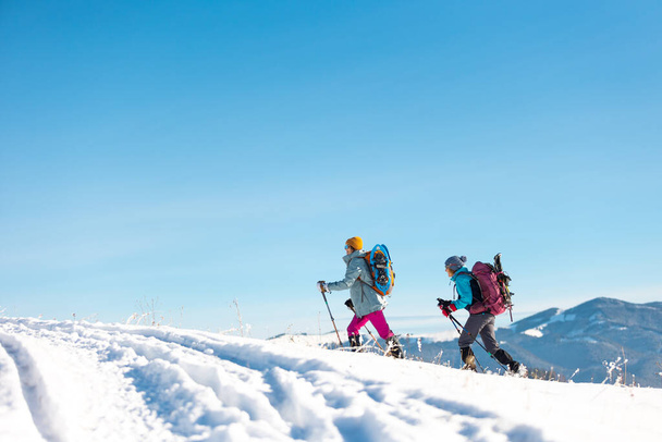 İki kadın kış yürüyüşünde karda yürür, ikisi kışın dağlarda, yürüyüş ekipmanları, kar ayakkabıları - Fotoğraf, Görsel