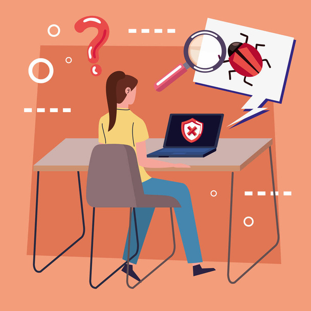 woman using laptop with bug character - Vector, Imagen