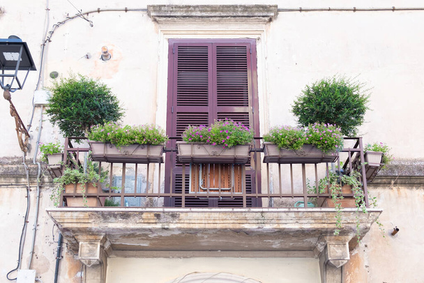 Bottom-up view to balcony with metal designed railing and with flower pots on it, with black outdoor lantern and electrical wires on ancient building wall, and with window shutters in background - Fotó, kép
