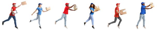 Set of couriers with parcels isolated on white - Foto, Imagen