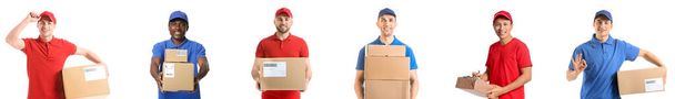 Set of couriers with parcels isolated on white - Foto, imagen